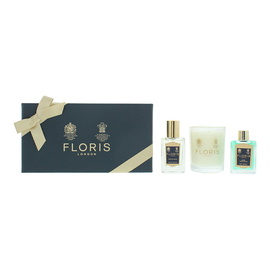 Floris 3 Piece Gift Set: White Rose Eau De Toilette 14ml - Rose Geranium Bath Essence 15ml - Rose & Oud Scented Candle 70g