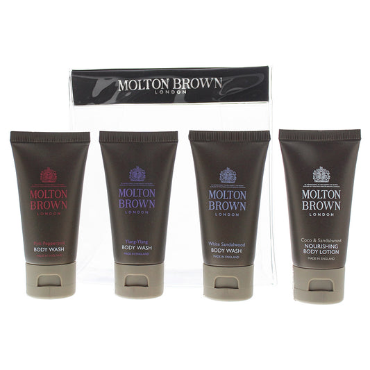 Molton Brown 4 Piece Gift Set: Coco Sandalwood Body Lotion 30ml - Ylang Ylang Body Wash 30ml - White Sandalwood Body Wash 30ml - Pink Pepperpod Body W