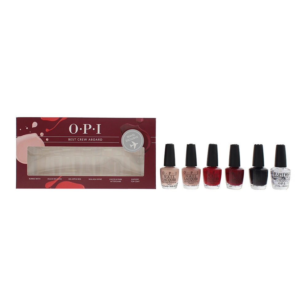 OPI Best Crew Abroad 6 Piece Gift Set: Bubble Bath Nail Polish 3.75ml - Dulce De Leche Nail Polish 3.75ml - Big Apple Red Nail Polish 3.75ml - Malaga Wine Nail Polish 3.75ml - Lincoln Park After Dark Nail Polish 3.75ml - Rapidry Top Coat 3.75ml