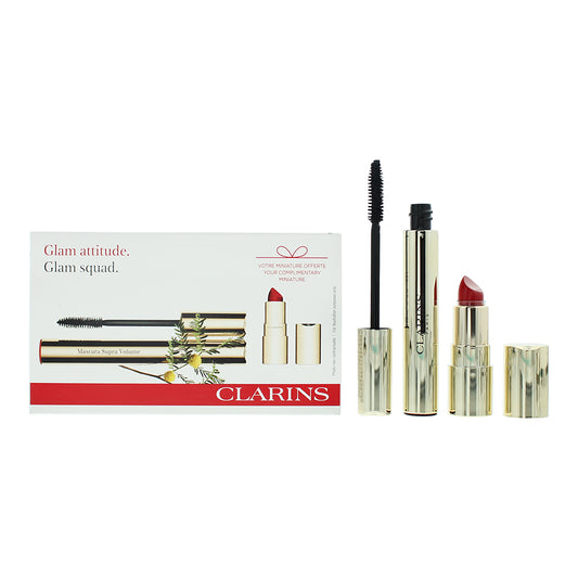 Clarins Glam Squad 2 Piece Gift Set: Supra Volume Mascara 8ml -  Mini Joli Rouge Velvet 742V Lipstick 1.5g