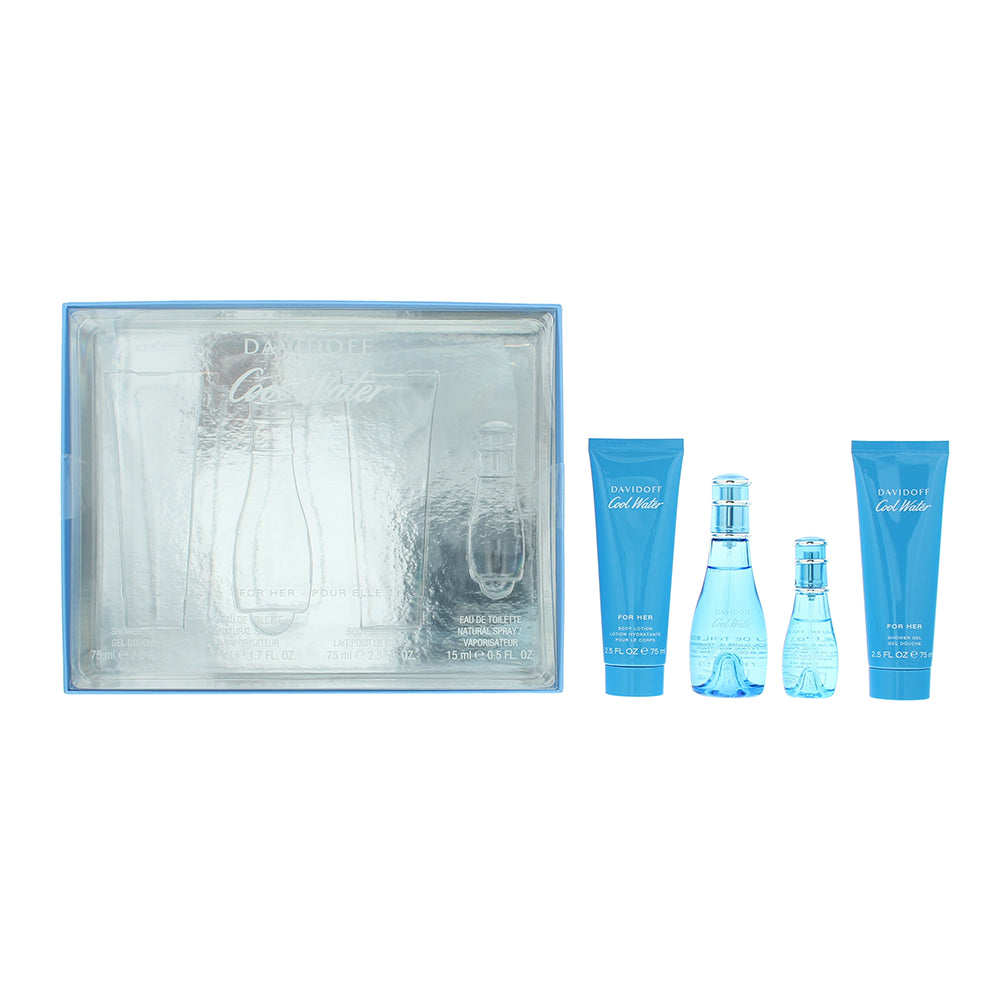 Davidoff Cool Water Woman 4 Piece Gift Set: Eau de Toilette 50ml - Eau de Toilette 15ml - Body Lotion 75ml - Shower Gel 75ml