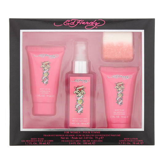 Ed Hardy 3 Piece Gift Set: Fragrance Mist 100ml - Body Wash 50ml - Body Lotion 50ml Fragrant Shower Steamer/Cube 75g