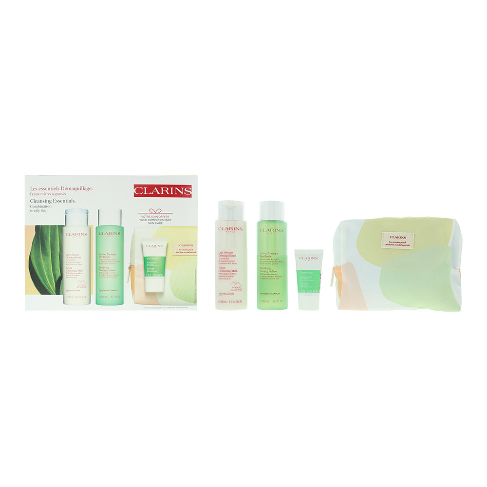 Clarins Cleansing Essentials 4 Piece Gift Set: Cleansing Milk 200ml - Toning Lotion 200ml - Scrub 15ml - Cosmetic Bag