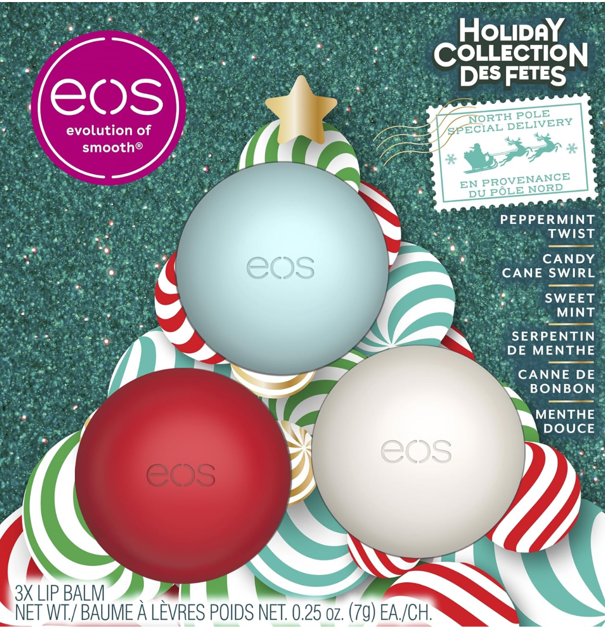 EOS Christmas Holiday Lip Balm Gift Set Peppermint Twist, Candy Cane Swirl & Sweet Mint