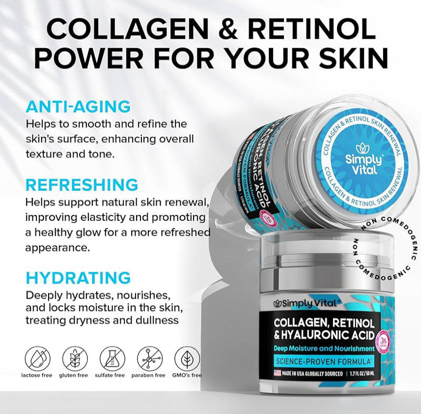 SimplyVital Anti-Aging Face Moisturizer Cream - Collagen, Retinol & Hyaluronic Acid